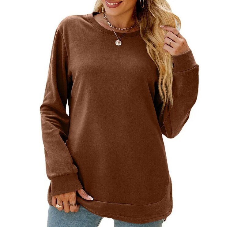 T-shirt for Women Autumn and Winter New Round Neck Irregular Hem Long-sleeved Loose Casual Blouse