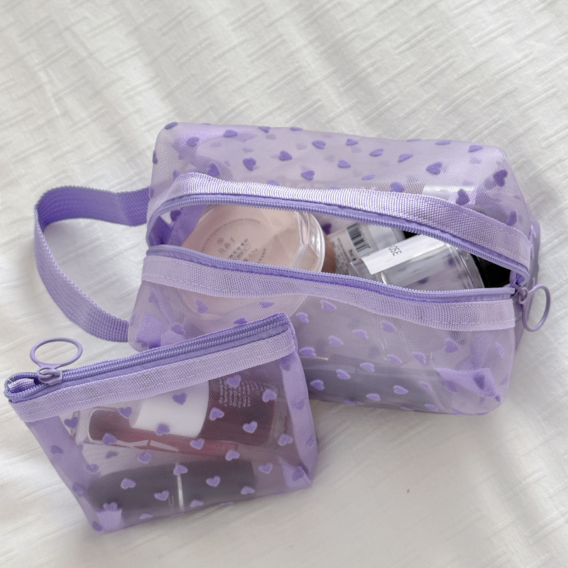Bolsa de maquillaje de malla púrpura para mujer, bonita bolsa transparente con cremallera, estampado de corazón, estuche para lápices, bolsa de almacenamiento de artículos de tocador de viaje