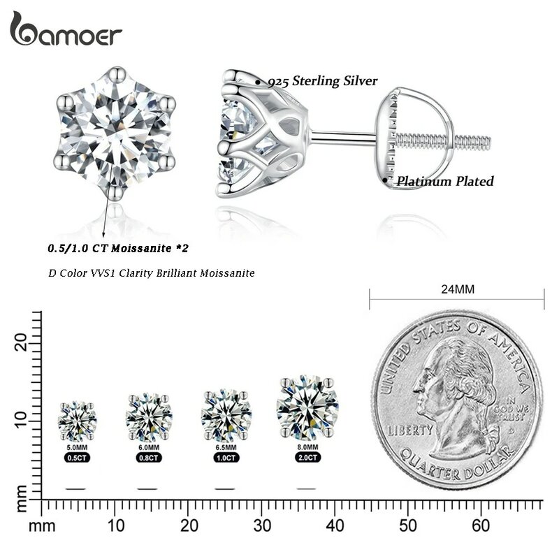 BAMOER-Brincos Moissanite Clássicos, S925 Prata Cor D, Corte Redondo Brilhante, Brincos Diamante Criado em Laboratório, Casamento e Noivado