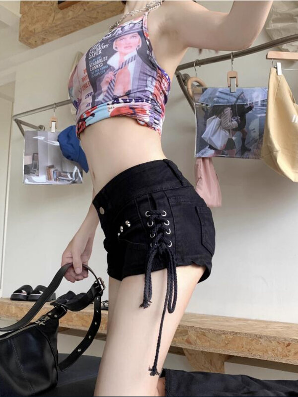 Mini szorty dla kobiet czarne dżinsowe nitki z niskimi pasami w stylu koreańskim modne gorące dziewczyny letnie w stylu Vintage All-match Ulzzang