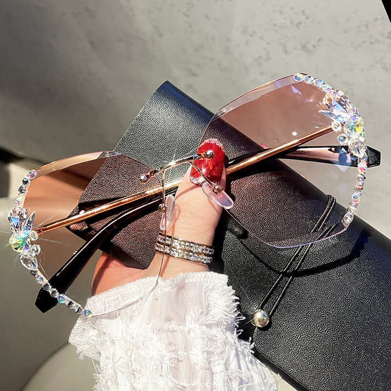 Gafas de sol con diamantes de imitación para hombre y mujer, anteojos de sol femeninos sin montura, de corte Retro, con gradiente, con UV400, diseño de marca de moda, 2023