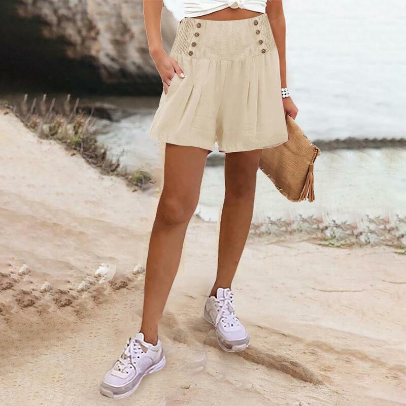 Women Shorts Stylish Pleated Button Shorts for Women High Waist A-line Design with Side Pockets for Vacation Sport Activities