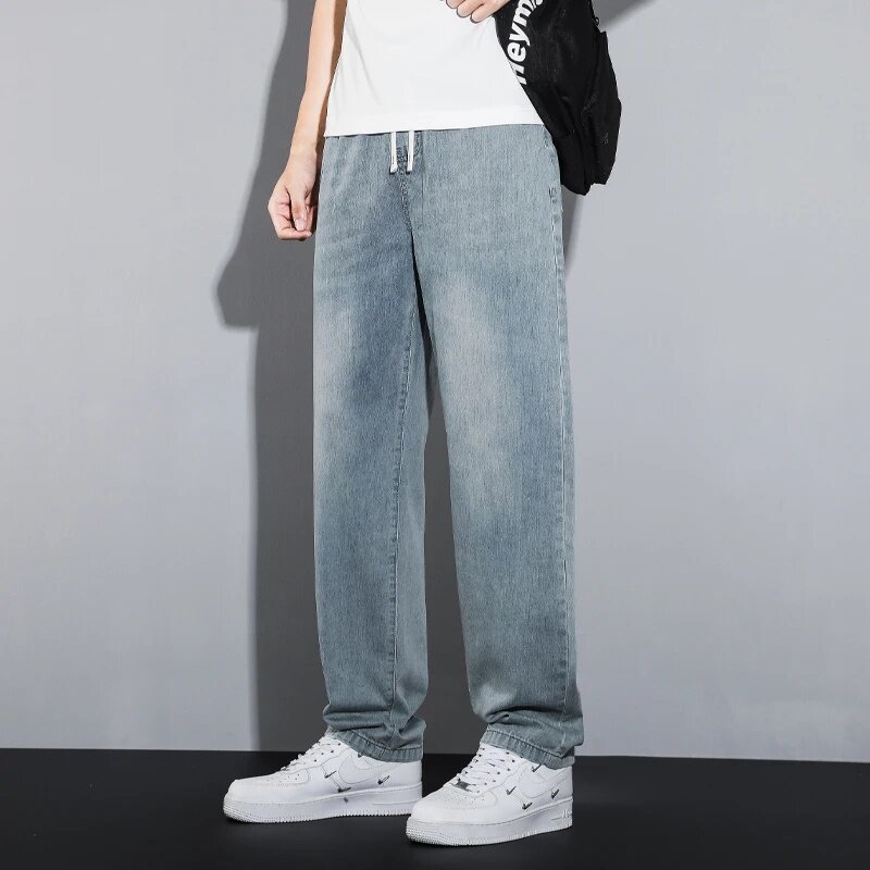 Новинка 2024, летние тонкие мешковатые джинсы, мужская одежда в американском стиле, для улицы, из ледяного шелка, мягкие прямые мужские повседневные джинсовые брюки