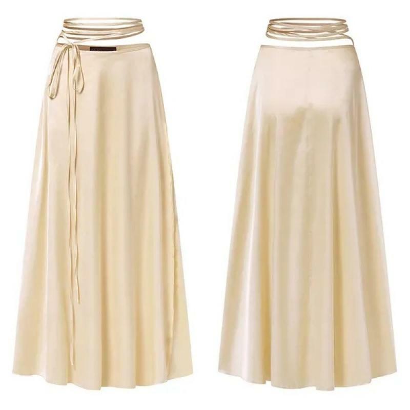 2024 Solid Woman Long Skirt  Retro High Waisted Lace Up Skirts for Female Fashion Party New Spring Summer Boutique Office Lady