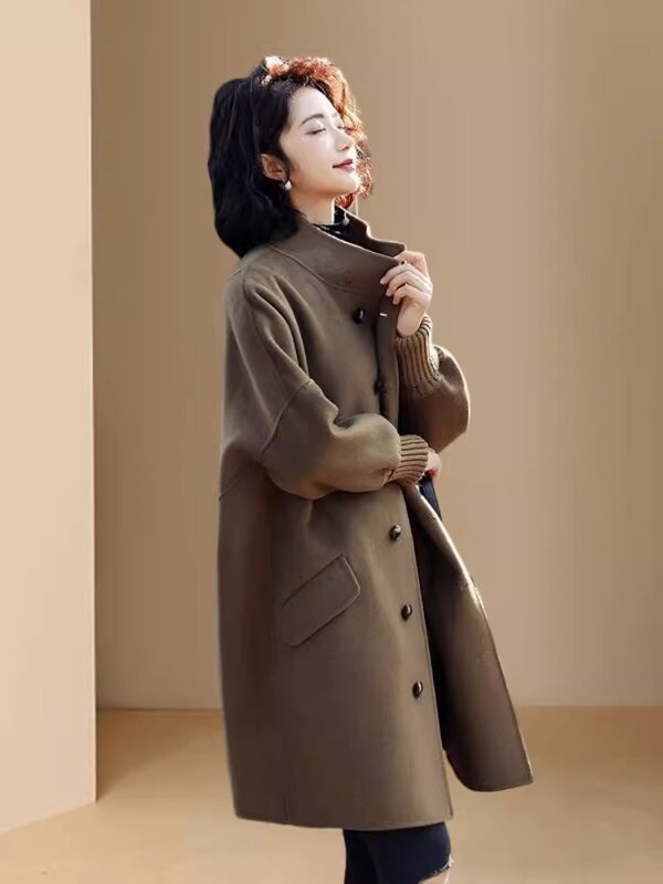 Jaqueta de gola virada para baixo feminina, casaco de lã, peito único, solto, casual, monocromático, moda de outono, novo, 2023