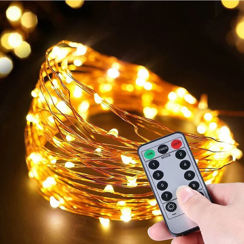 Cadena de luces con Control remoto, alambre de cobre transparente, Micro LED de hadas, USB 8, 5M, 10M, 20M, decoraciones para fiestas, bodas y Navidad