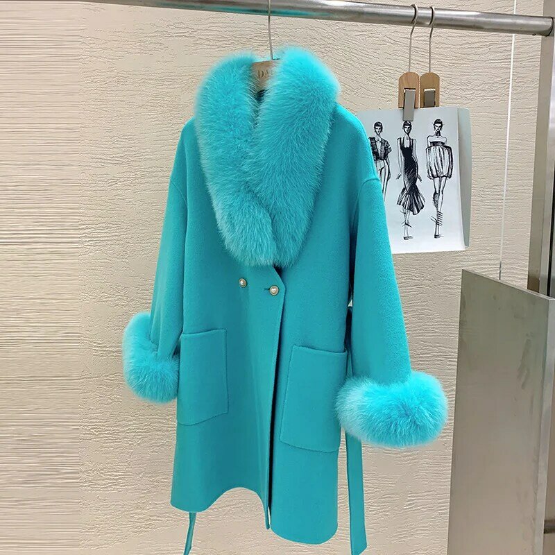 Dupla face 2023 outono inverno nova cashmere longo casaco de lã feminino com gola de pele de raposa real casaco de lã com cinto de comprimento médio