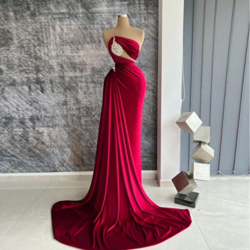 Robes de Rhsirène en satin pour femmes, robes de soirée formelles, sans bretelles, manches plissées, sexy, rouge, quelle que soit la robe de mariage