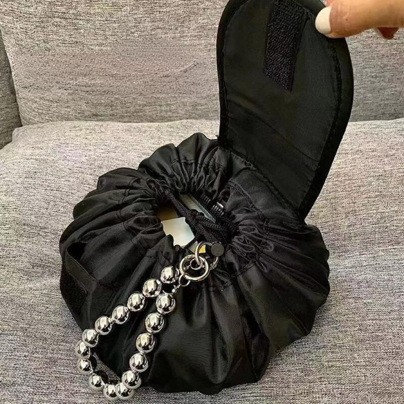 女性用巾着化粧品バッグ,ポータブル収納バッグ,黒,真珠のデザイン,ハンドバッグ