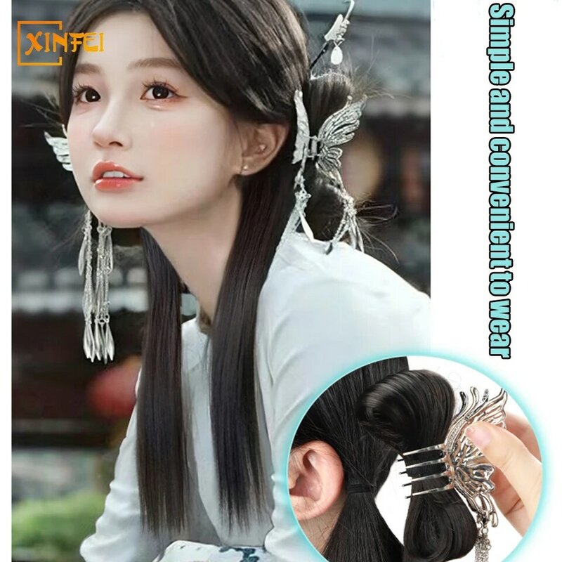 Synthetic One-piece Wig Female New Chinese Bow Tassel Hair Bundle Grab Clip Ponytail Low Tie Long Braid Fluffy Hair Extension
