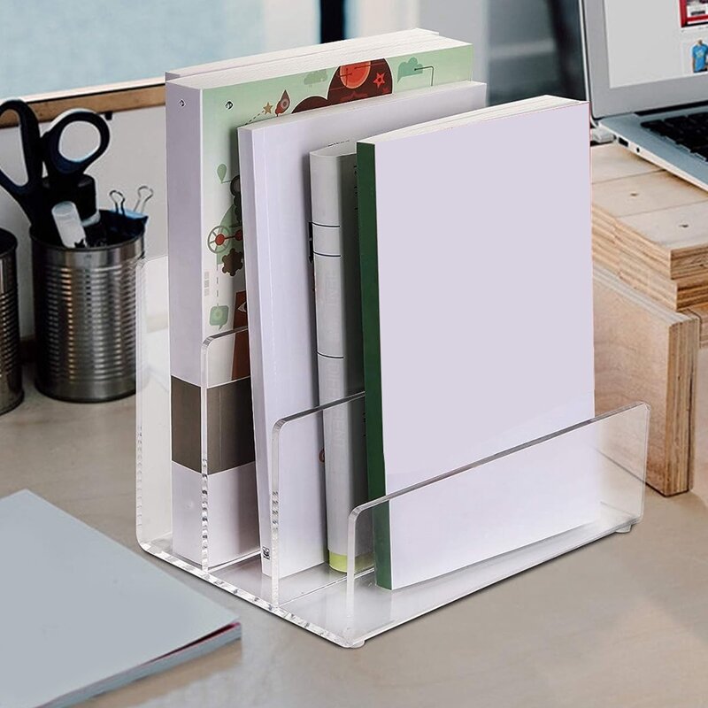 Vertical Desktop Organizer Acrílico Office File Sorter, Stand Rack para Documentos, Livro de Cartas, 3 Seções, 1 Pc