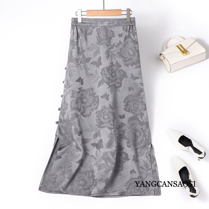 Женская прямая атласная юбка в стиле ретро, юбка из 2024 натурального шелка тутового шелкопряда с разрезом, лето 100%