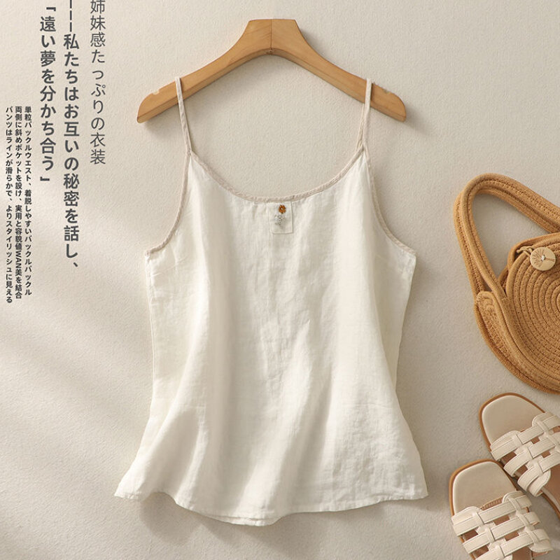 Retro Cotton Linen Tank Top Women Summer New Loose Sleeveless Spaghetti Strap T-shirt Solid Casual Vest Embroidered Top Women