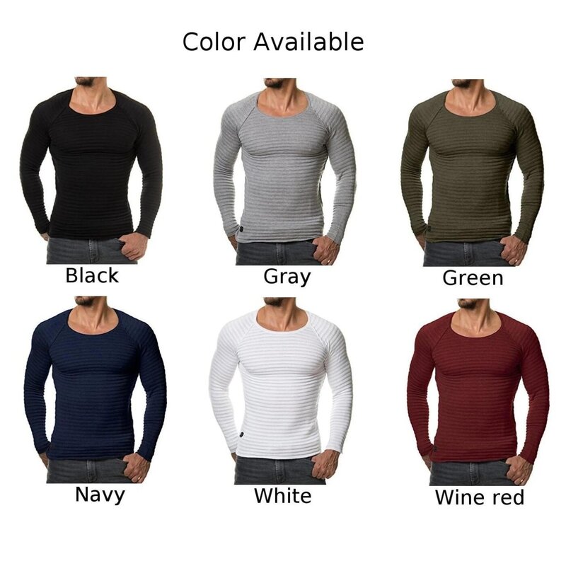 Suéter de cuello redondo para hombre, Camiseta de punto, jersey de Color sólido, ajustado, manga larga, cuello redondo, Primavera, Otoño e Invierno