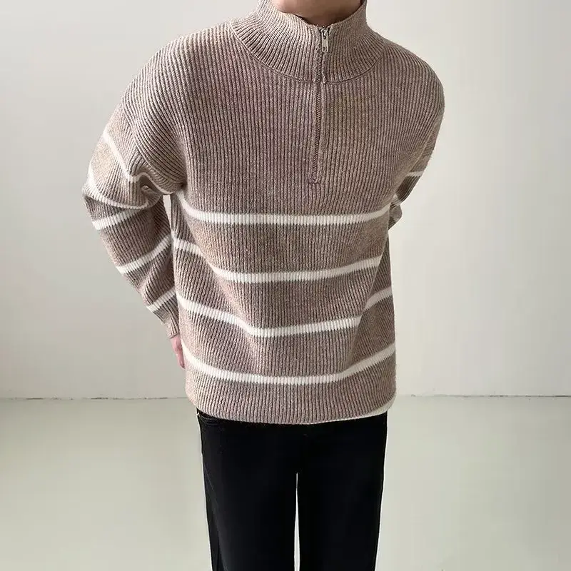2023 Autumn Men's Luxury Knitted Patchwork Pullovers Sweater Korean Turtleneck Zipper Long Sleeve Loose Stylish Texture M-3XL