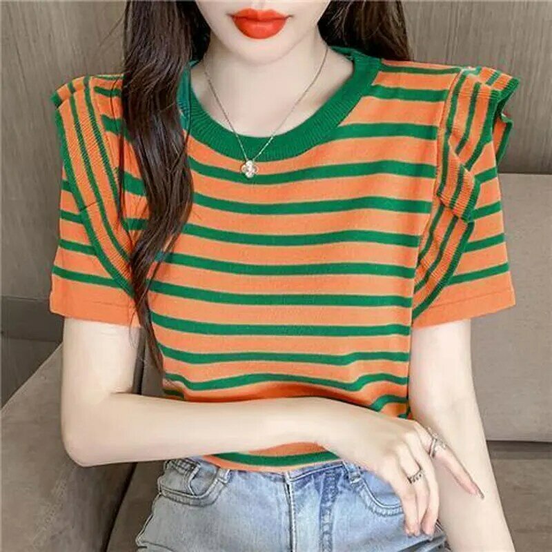 女性用半袖ストライプTシャツ,フリル付き韓国スタイルTシャツ,カジュアル,スリム,ラウンドネックレス,対照的な色