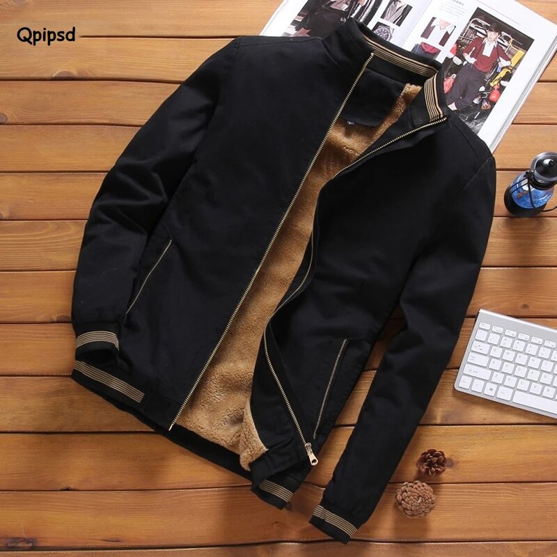 Autumn Mens Bomber Jackets Casual Male Outwear Fleece Thick Warm Jacket Mens Clothing Basic Coats