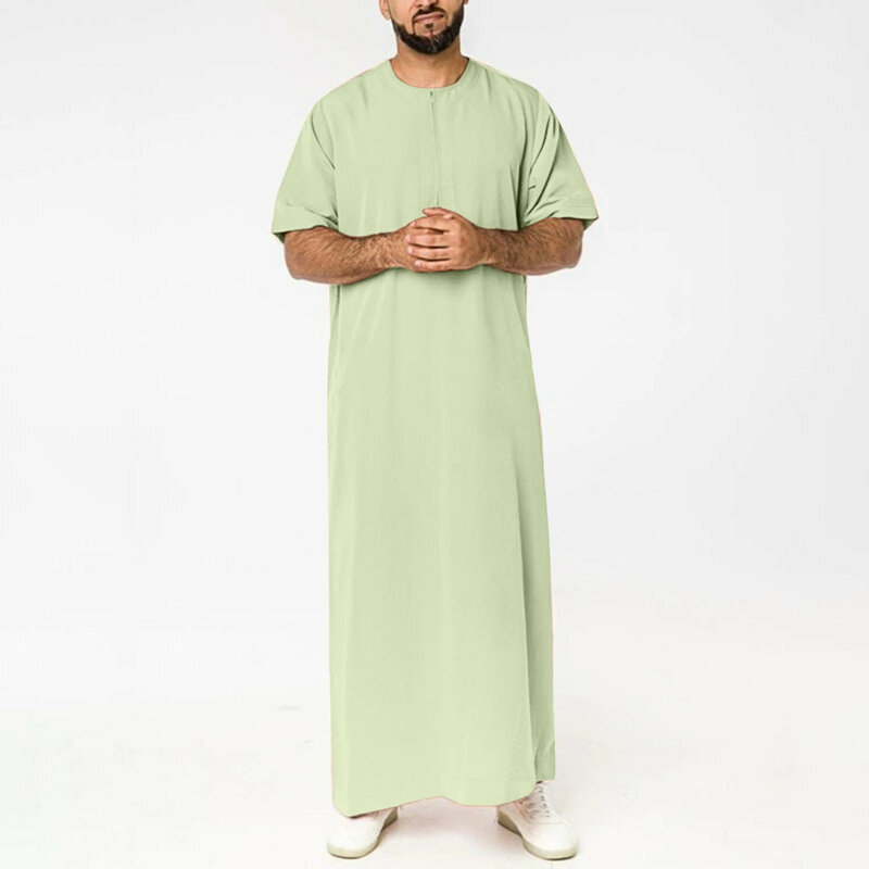 Jubah Muslim Ritsleting Pria Lengan Pendek Kaus Jubba Thobe Dubai Kaftan Jubah Abaya Pakaian Islami Ramadhan