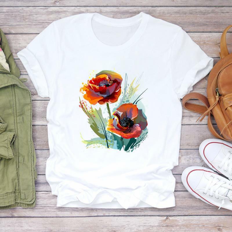 여성 플라워 프린트 반팔 티셔츠, 하라주쿠 그래픽 상의, 오버사이즈 티셔츠
