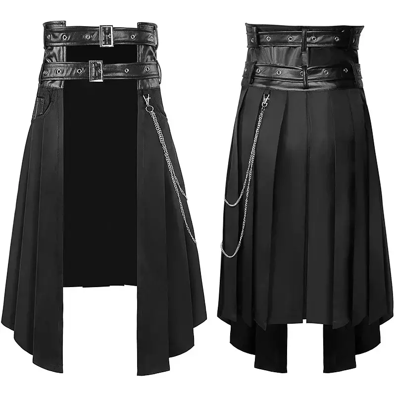 Cosplay Punk Pleated Skirt Men's Gothic Leather Belt Medieval Roman Warrior Kilt Metal Chian Asymmetry Black Halloween Costume