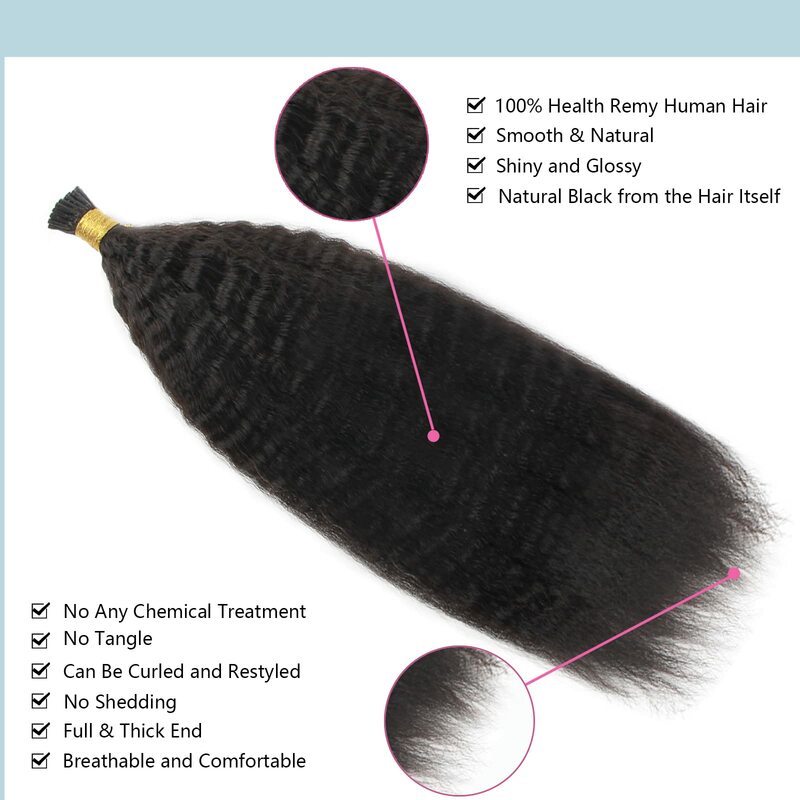 I tip Hair Extensions Kinky Straight Human Hair # 1B Pre Bonded Remy Micro Links estensioni dei capelli umani Natural Black 1g/Strand