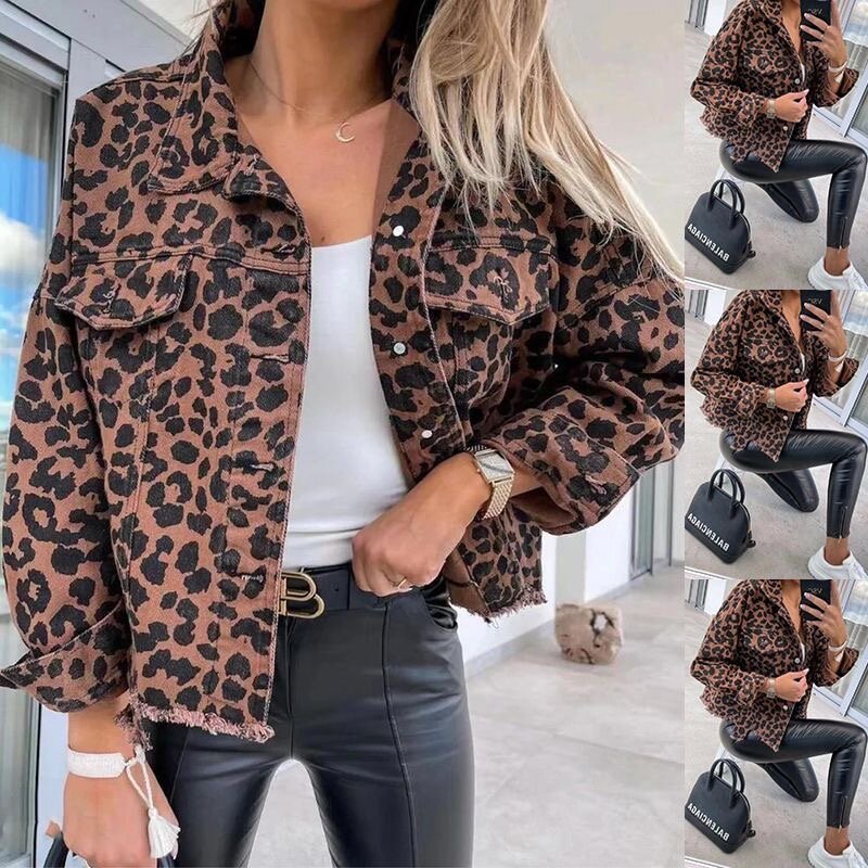 2024 New Leopard Print Long Sleeve Denim Jacket Women Harajuku Fashion Short Coats Loose Casual Jean Jacket for Women Streetwear