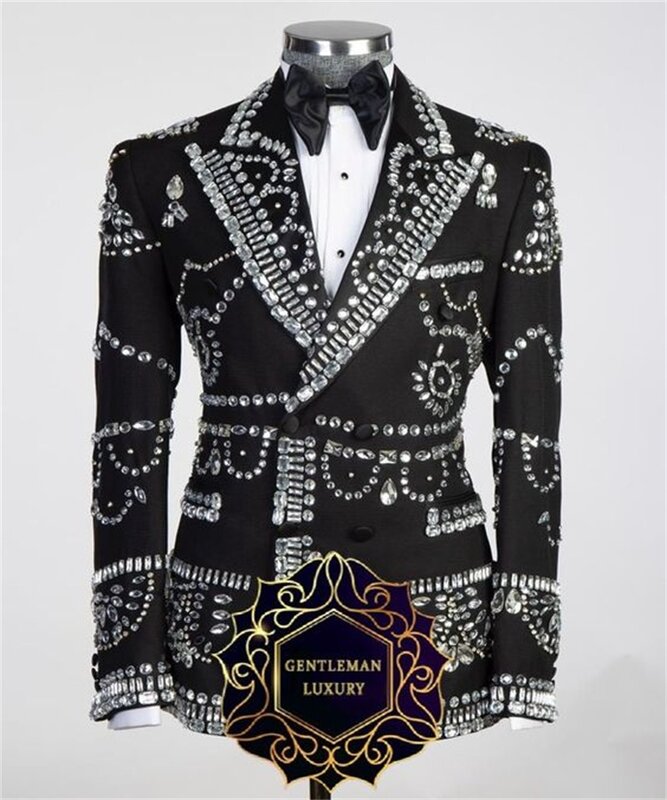 Blazer de cristal luxuoso masculino e calças pretas, smoking de casamento do noivo, casaco de baile, jaqueta personalizada, conjunto de calças, 2 peças