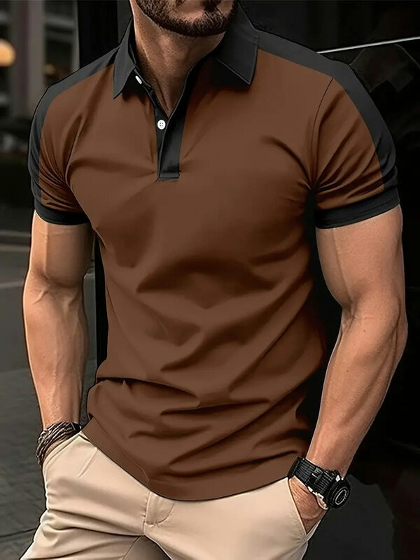 Summer New Fashionable Solid Color Button Polo T-Shirt for Men's Fashionable Lapel Button Shirt Street Clothing Short Sleeved