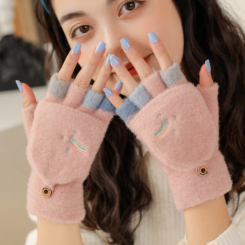 Jesień zima ciepłe rękawiczki odwróć pokrywa rękawiczki bez palców miękka dziewczyna kreskówka pół palca dzianiny aksamitne rękawiczki studenckie T176