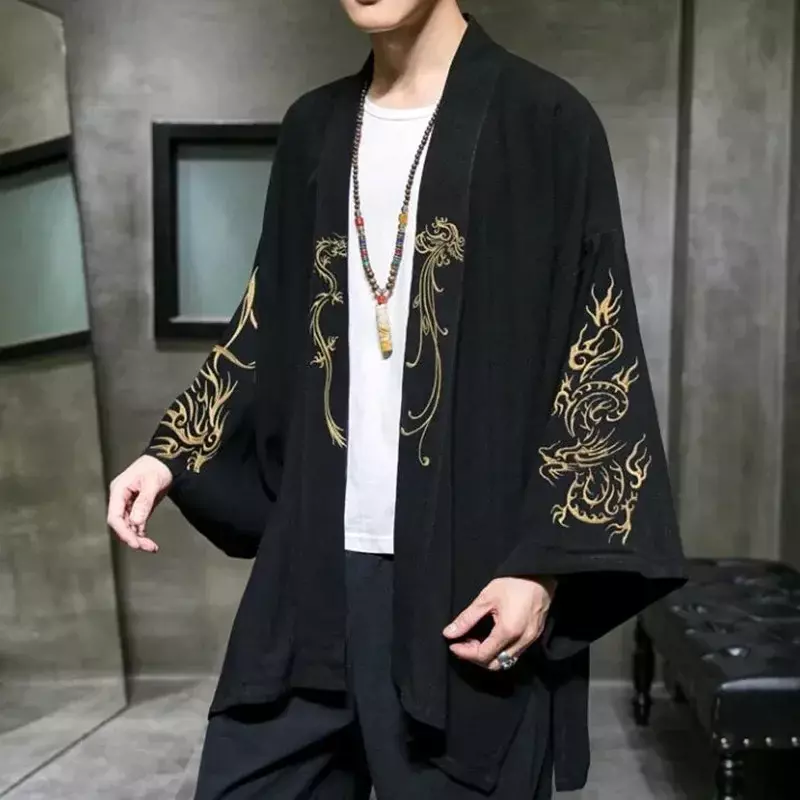 2022 Fashion Costume Embroidery Hanfu Mens Chinese Style Robe Cardigan Jacket Oversized Kimono 5XL Ancient Coat Male