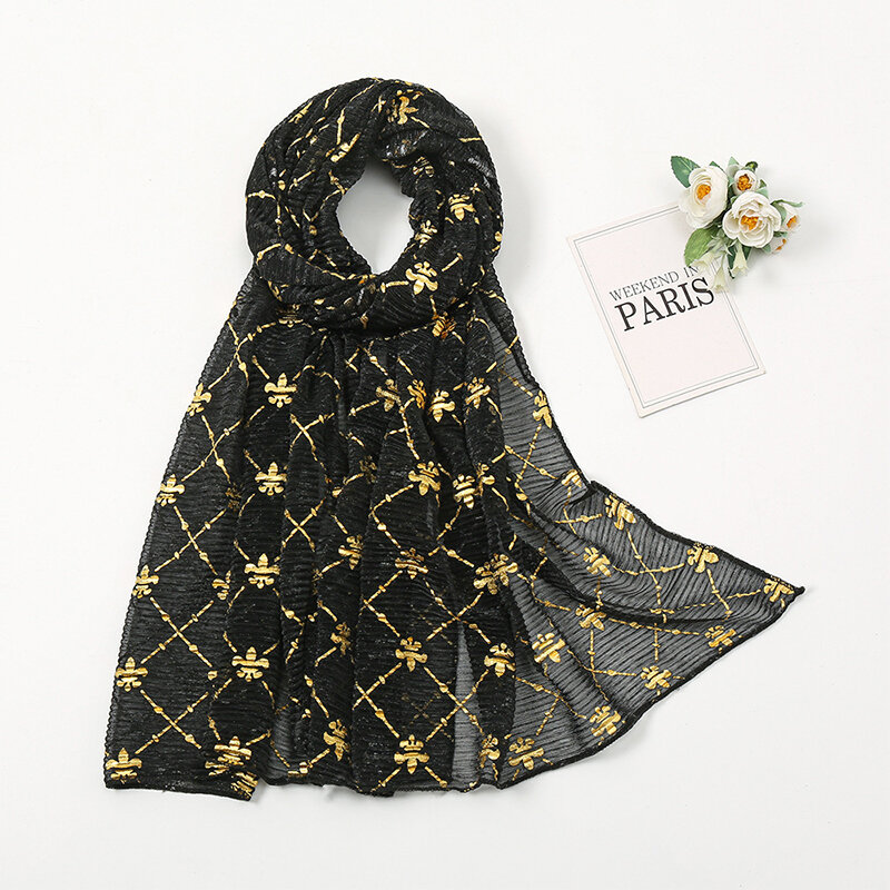 2024 oro luccicante hijab musulmano moda solido bolla sciarpa in Chiffon sciarpe scialle di alta qualità argento stropicciato donna foulard