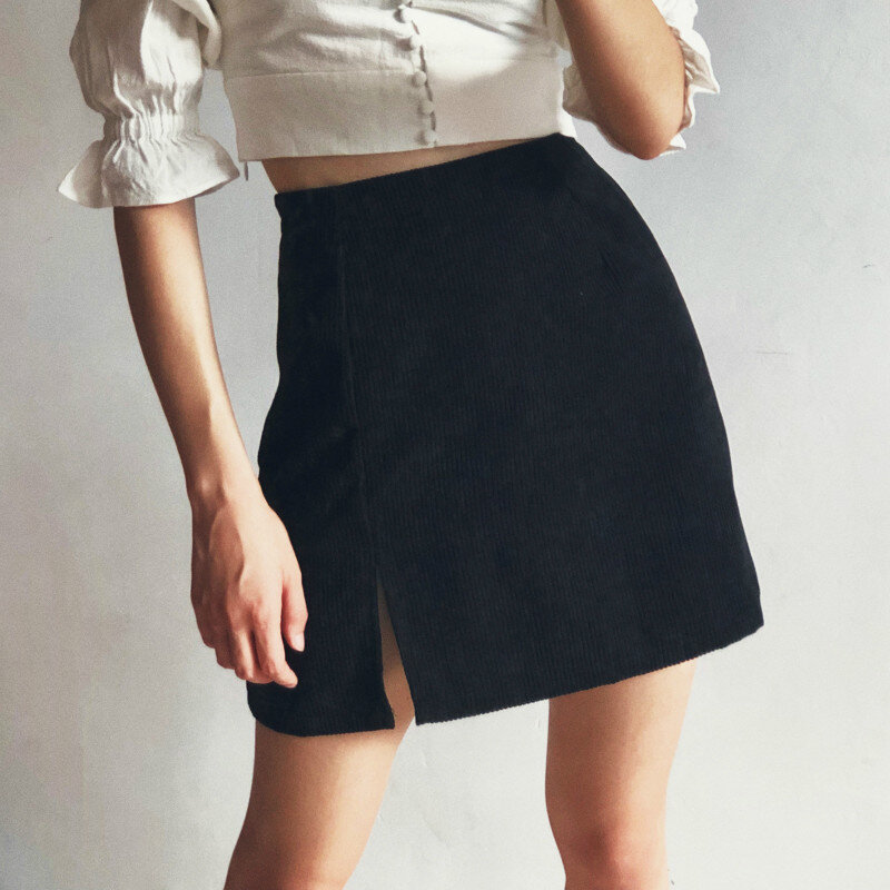 Mini jupe fendue en velours côtelé pour femmes, robes taille haute A-Line, monochromatique, sexy, Harajuku, nouveau, 2023