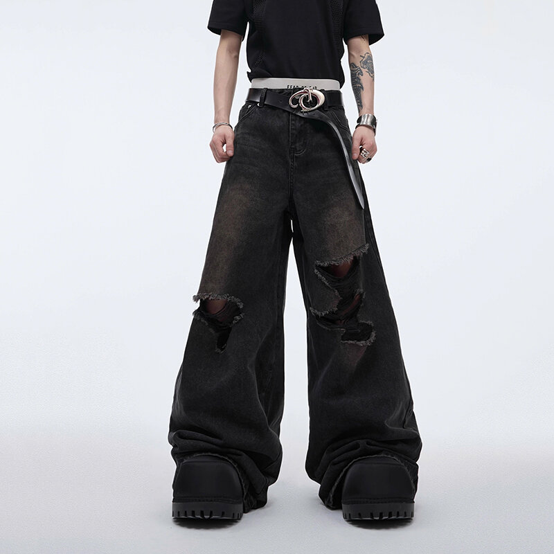 Джинсы FEWQ мужские с вышивкой дракона, стильные свободные штаны из денима с широкими штанинами и сломанной бахромой, лето 2024