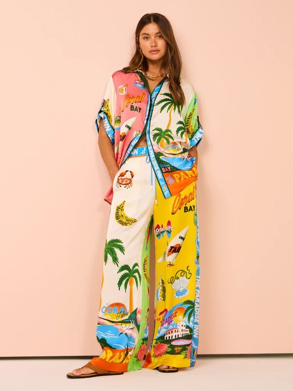 Completo di pantaloni con stampa alla moda due pezzi per donna elegante bottone monopetto con risvolto nuovo In set coordinati Lady Beach Bohemia Outfit