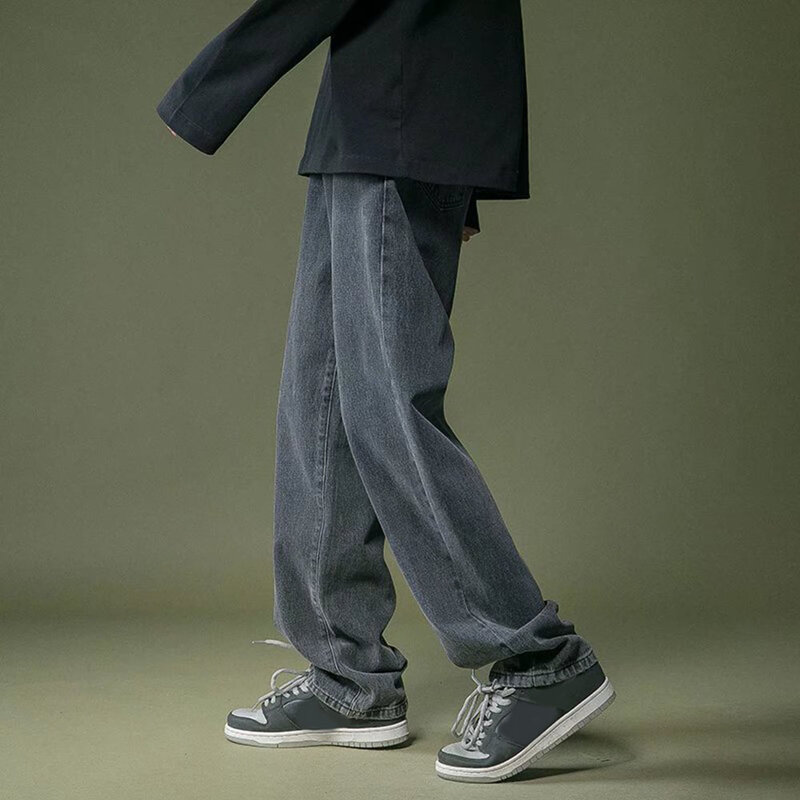 Celana panjang pria, Jeans longgar kaki lebar pelajar gaya Korea elastis liburan harian modis kasual