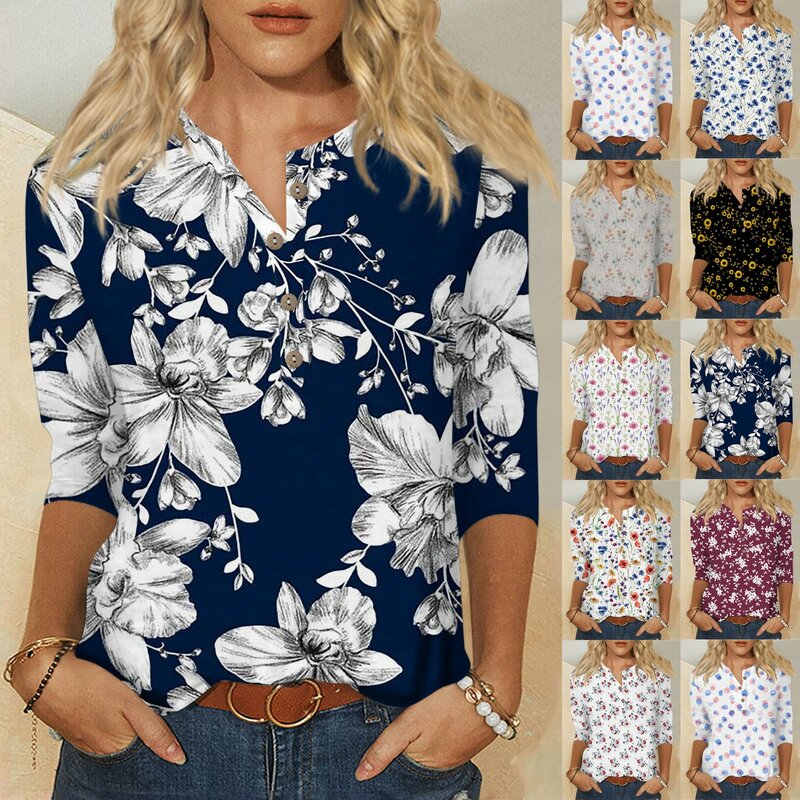 Camiseta de botão decote v feminina, camisa verão, mangas 3/4, moda gráfica, estampada com plantas, elegante
