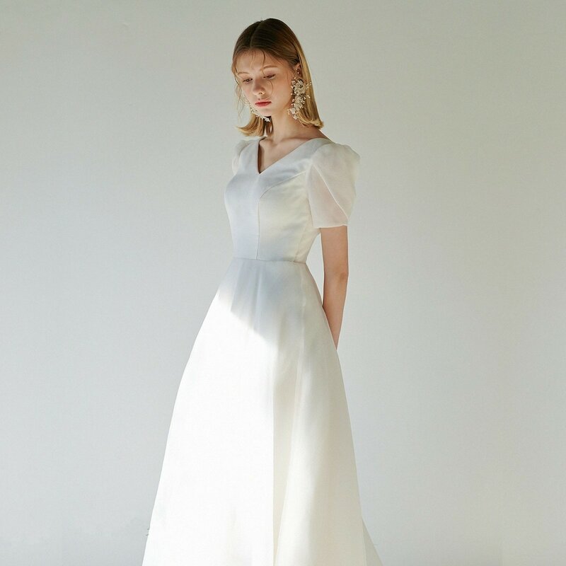 A-line Satin Wedding Dress V-Neck Sheer Back Short-Sleeve Plus Size For Women Princess Robe de Mariee