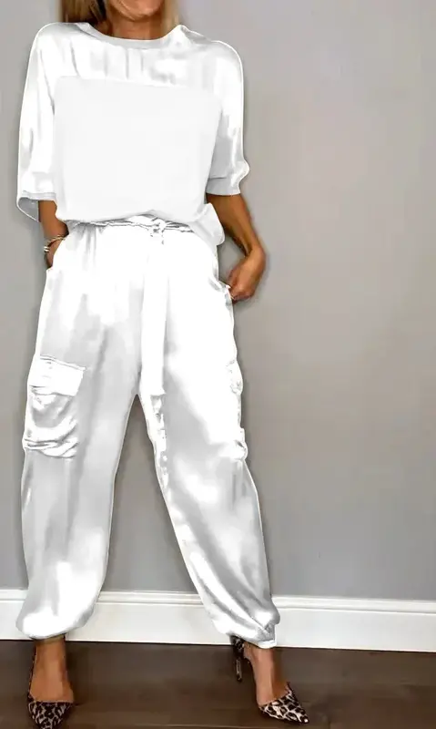 Conjunto de calças e top de manga comprida com decote redondo feminino, cetim monocromático, casual, solto, primavera, moda verão, 2 peças