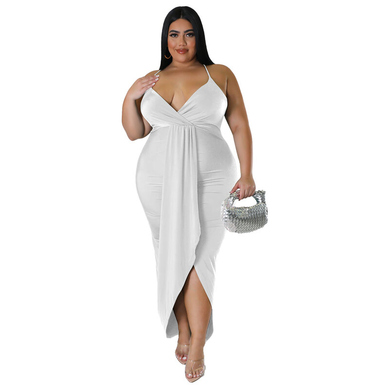 SOMO Maxi abiti lunghi elastici in tinta unita per donna 2023 Sexy scollo a V Plus Size Summer Halter Party Dress Dropshipping all'ingrosso