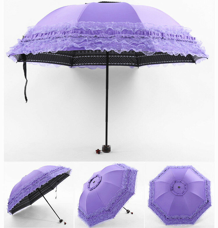 고딕 로리타 코스프레 공주 우산, 자외선 차단 트리플 접이식 돔 파라솔, 블랙 화이트 핑크 웨딩 신부 우산