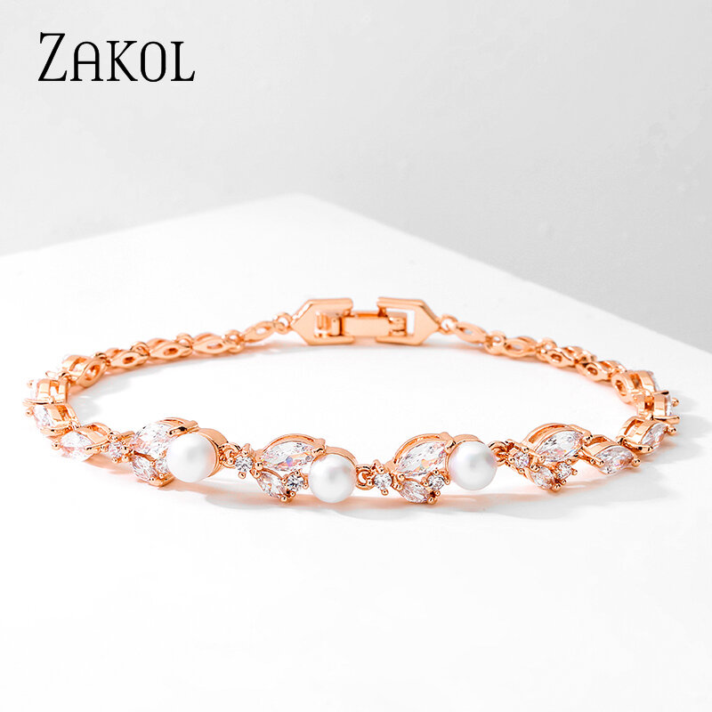 ZAKOL новые классические браслеты с цирконием в виде листьев для женщин, белый розовый золотой цвет, жемчужный браслет для женщин, модные ювелирные изделия BP1029