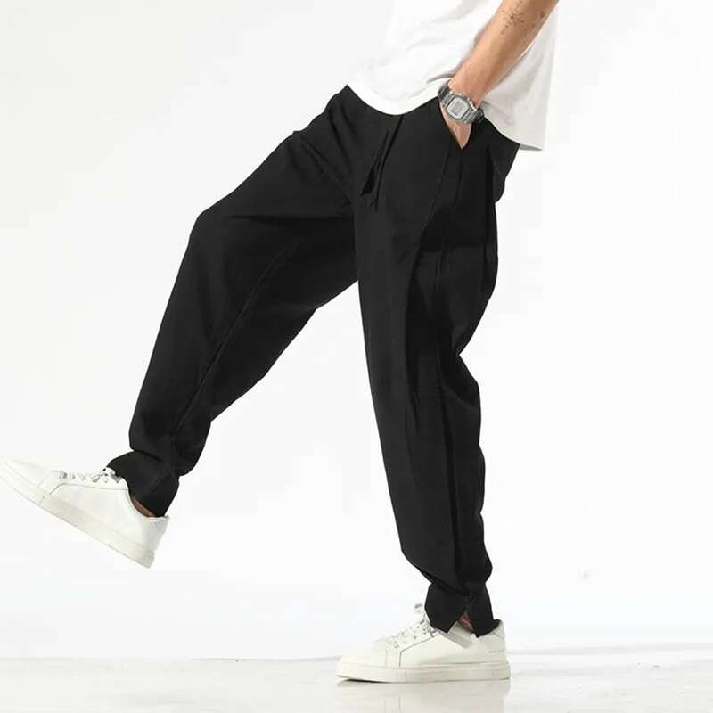 Pantalones bombachos de algodón y lino para hombre, pantalón holgado de talla grande, con cinta de cintura elástica, estilo Hip Hop, cómodo y transpirable