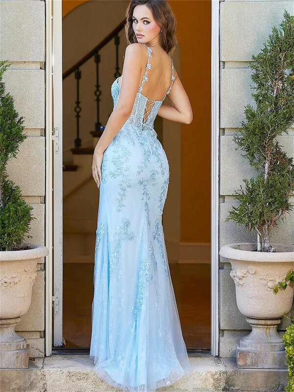 Gaun Prom tali Spaghetti elegan 2024 gaun malam renda klasik gaun panjang lantai belahan samping menawan Vestidos De Novia