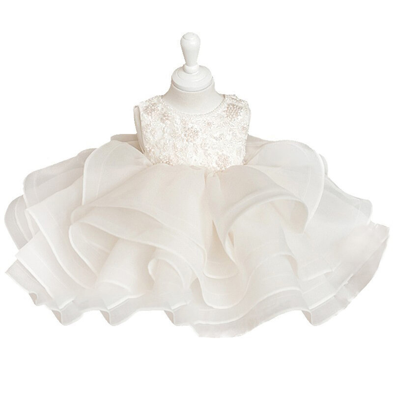 Robe Blanche à Fleurs pour Fille, Tenue de Princesse Luxueuse, à Col Rond, avec Nministériels d en Satin, pour ixd'Anniversaire, 2024