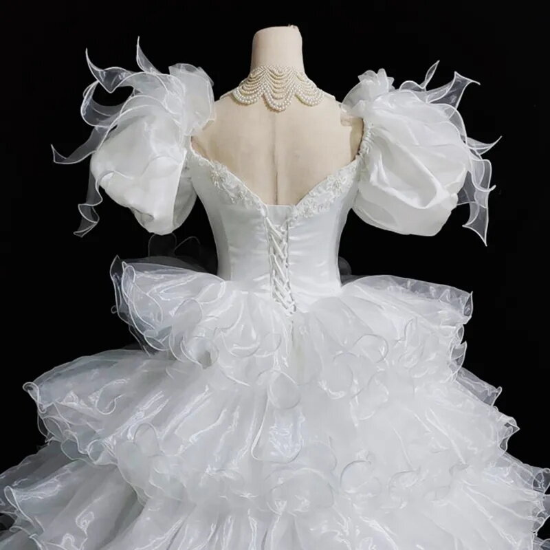 AnXin SH vintage white organza princess sweetheart beading pearl flower ruffles short puff sleeve bride Antique wedding dress NY
