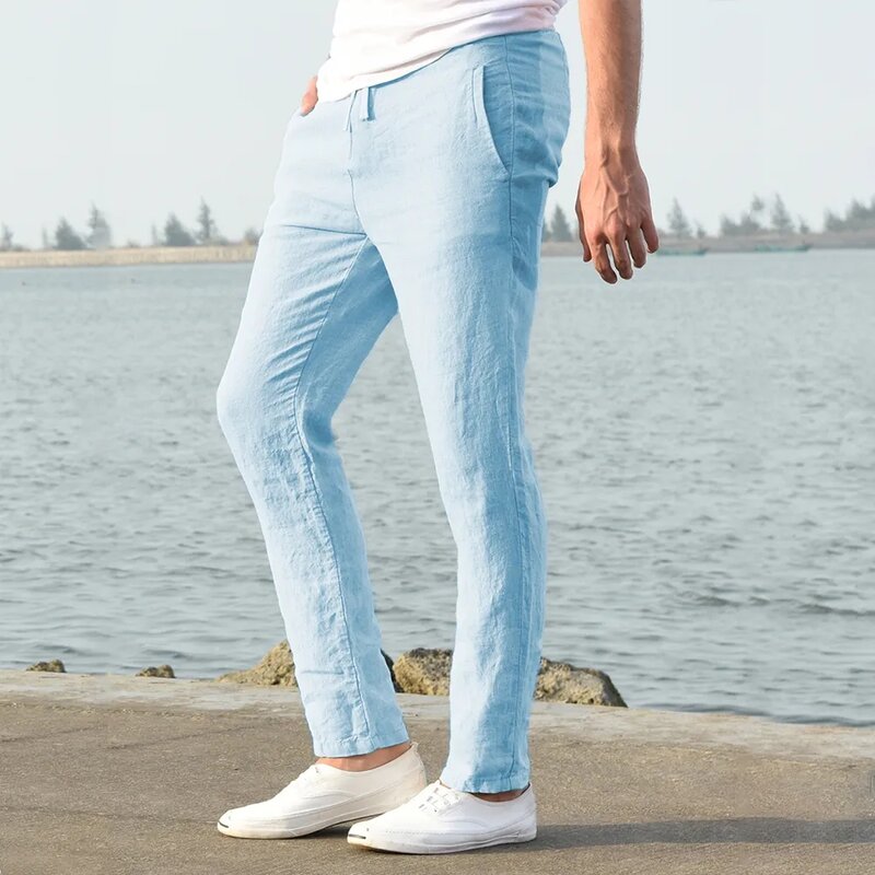 Мужские брюки из хлопка и льна, осенние дышащие однотонные льняные брюки, одежда для фитнеса в уличном стиле, новинка 2023