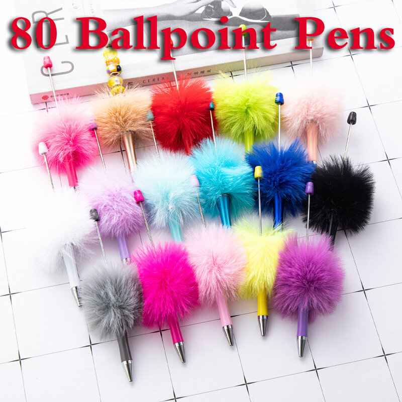 80Pcs Plush Beaded Pen Bead DIY   Pen Plastic Beadable Pen Bead Pen School Office Writing Supplies Stationery Wedding Gift