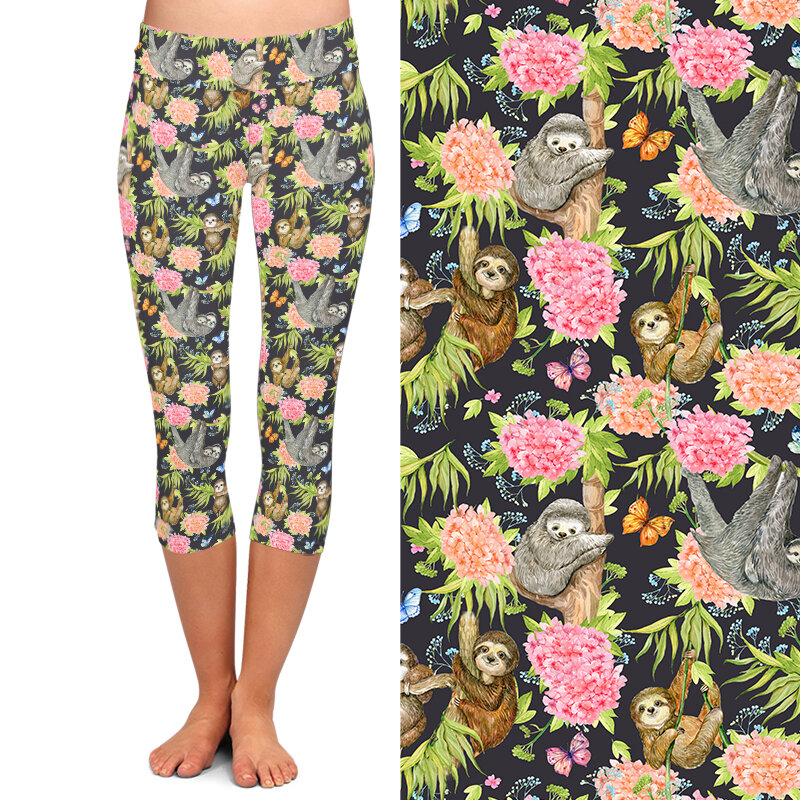 LETSFIND แฟชั่นผู้หญิงใหม่ Casual Capri Leggings Sloths และดอกไม้พิมพ์ดิจิตอลสูงเอวออกกำลังกายยืดกลาง3/4กางเกง