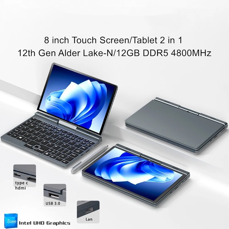 AKPAD 12th Gen Mini Laptop Intel N100 Quad Core 8 Inch Screen LPDDR5 12G 4800MHz Windows10/11Pro WiFi6 BT5.2 RJ45 LAN