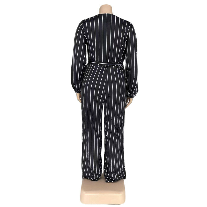 L-4XL秋2022プラスサイズのジャンプスーツ女性服のファッションストライプvネック長袖ベルトエレガントなビジネスの女性衣装卸売